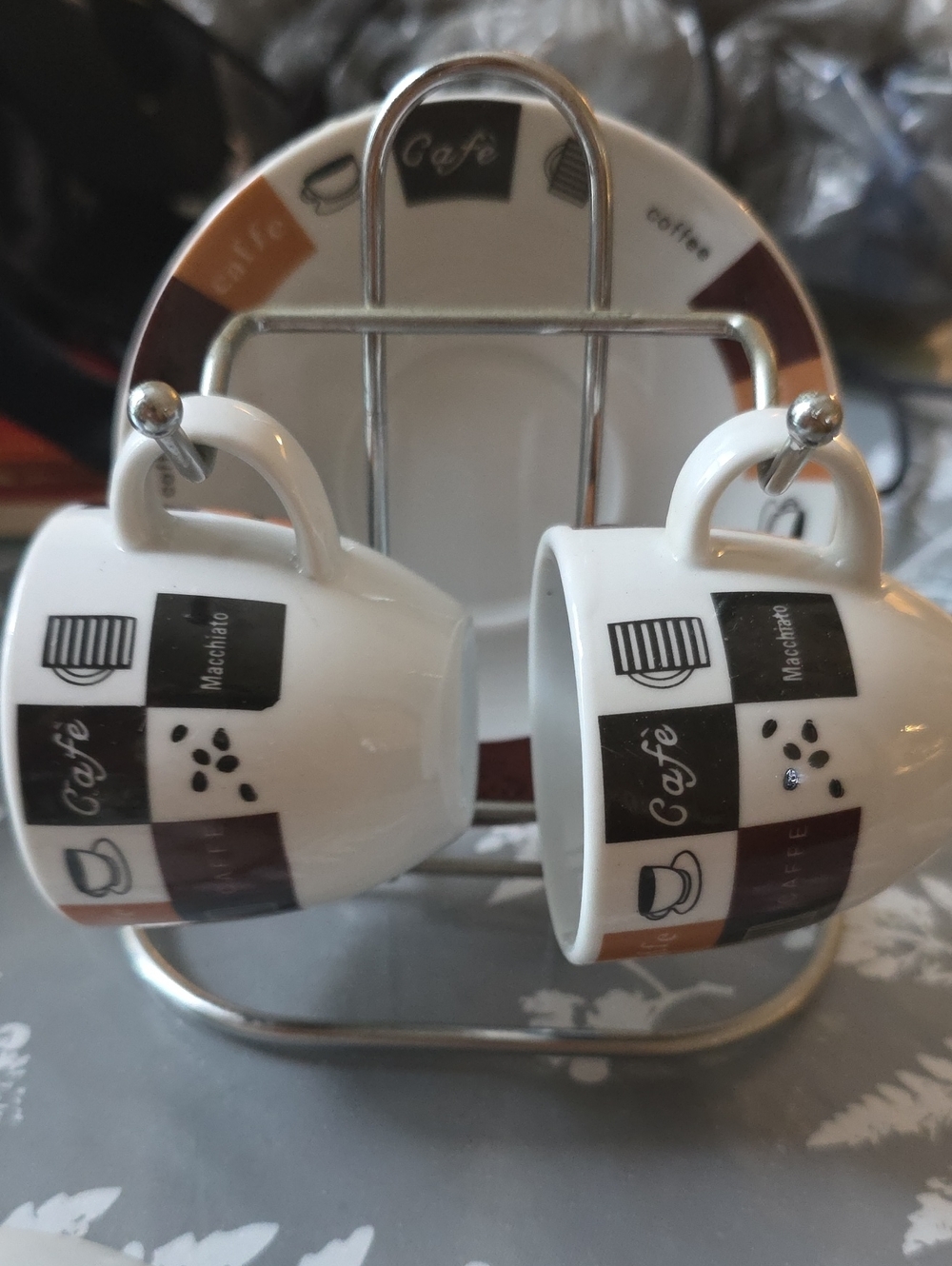 Café Pattern Espresso Cup Set with Holder - White, Black, Brown